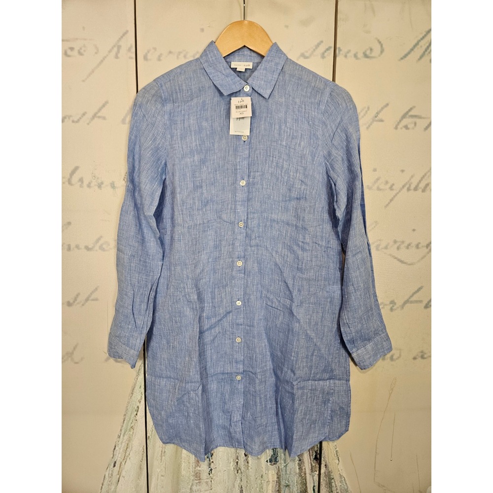 NWT J. Jill Button Down Shirt XS Blue 100% Linen Long Sleeve Tunic Top